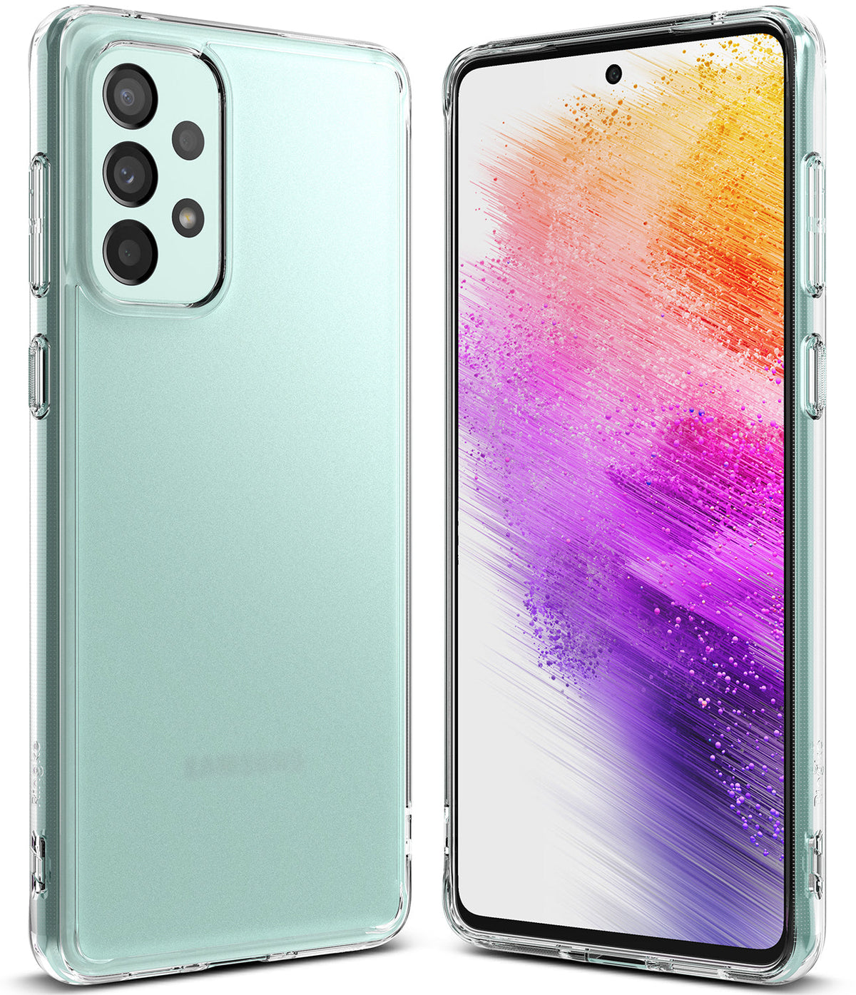 Galaxy A73 5G Case | Fusion - Mint green phone in a clear protective case showing front and back views.