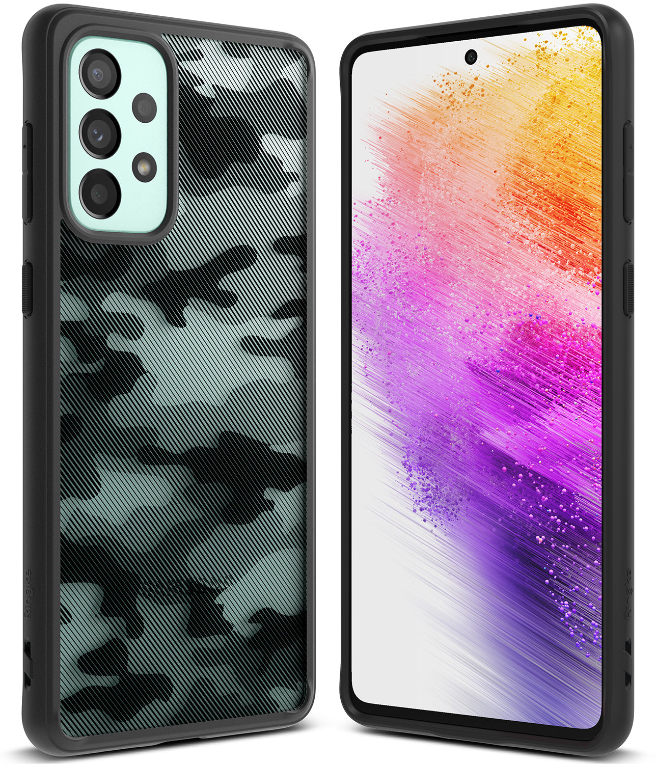 Galaxy A73 5G Case | Fusion - Black camouflage phone case with a textured back and a vibrant, colorful abstract screen display.