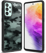 Galaxy A73 5G Case | Fusion - Black camouflage phone case with a textured back and a vibrant, colorful abstract screen display.
