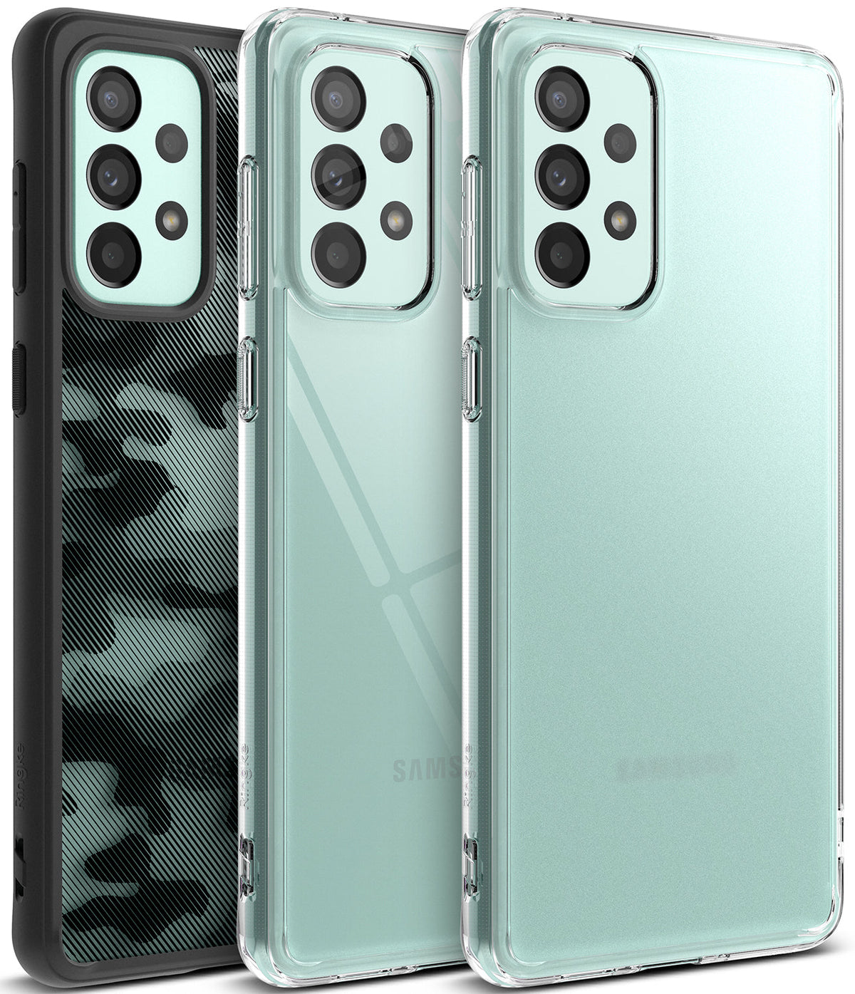 Galaxy A73 5G Case | Fusion - Three Galaxy A73 phones in camo, clear, and matte clear Fusion cases showing rear camera arrays.