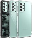 Galaxy A73 5G Case | Fusion - Three Galaxy A73 phones in camo, clear, and matte clear Fusion cases showing rear camera arrays.