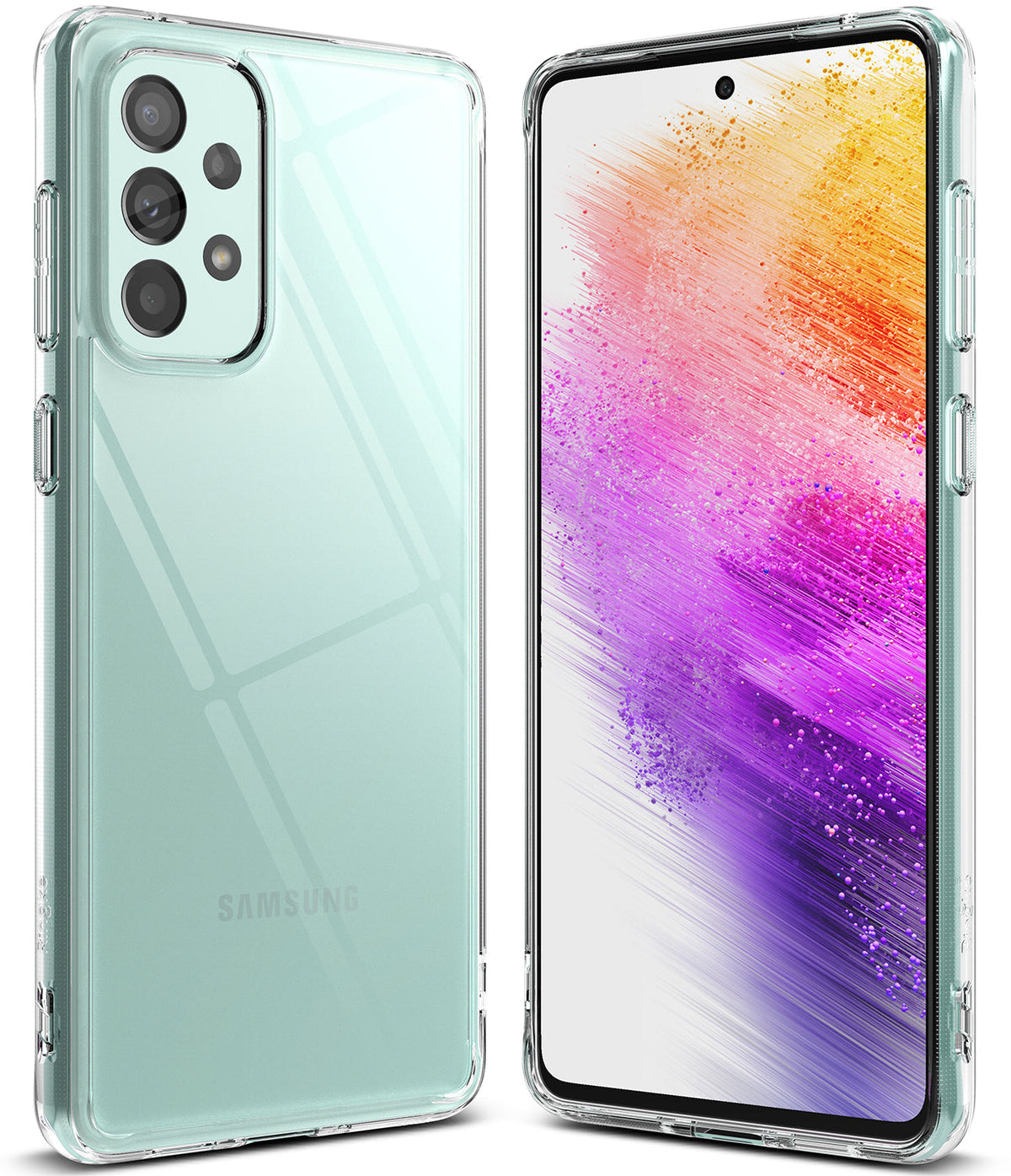 Galaxy A73 5G Case | Fusion - Clear protective case on a mint green Samsung Galaxy A73 5G showing front and back views.