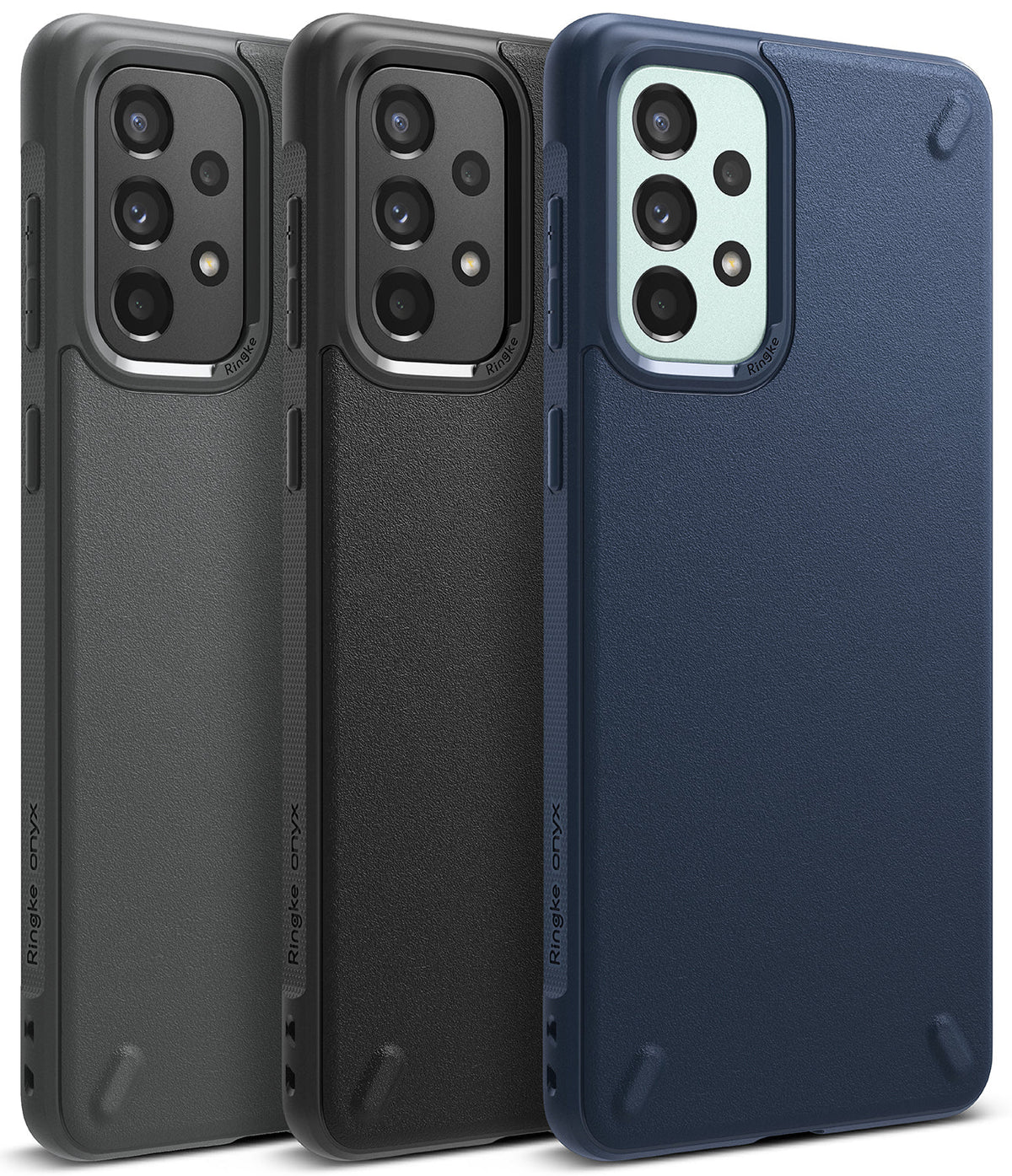 Galaxy A73 5G Case | Onyx - Three textured phone cases in gray, black, and navy blue with camera cutouts and Ringke branding.