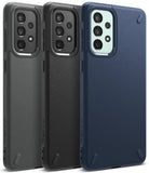 Galaxy A73 5G Case | Onyx - Three textured phone cases in gray, black, and navy blue with camera cutouts and Ringke branding.