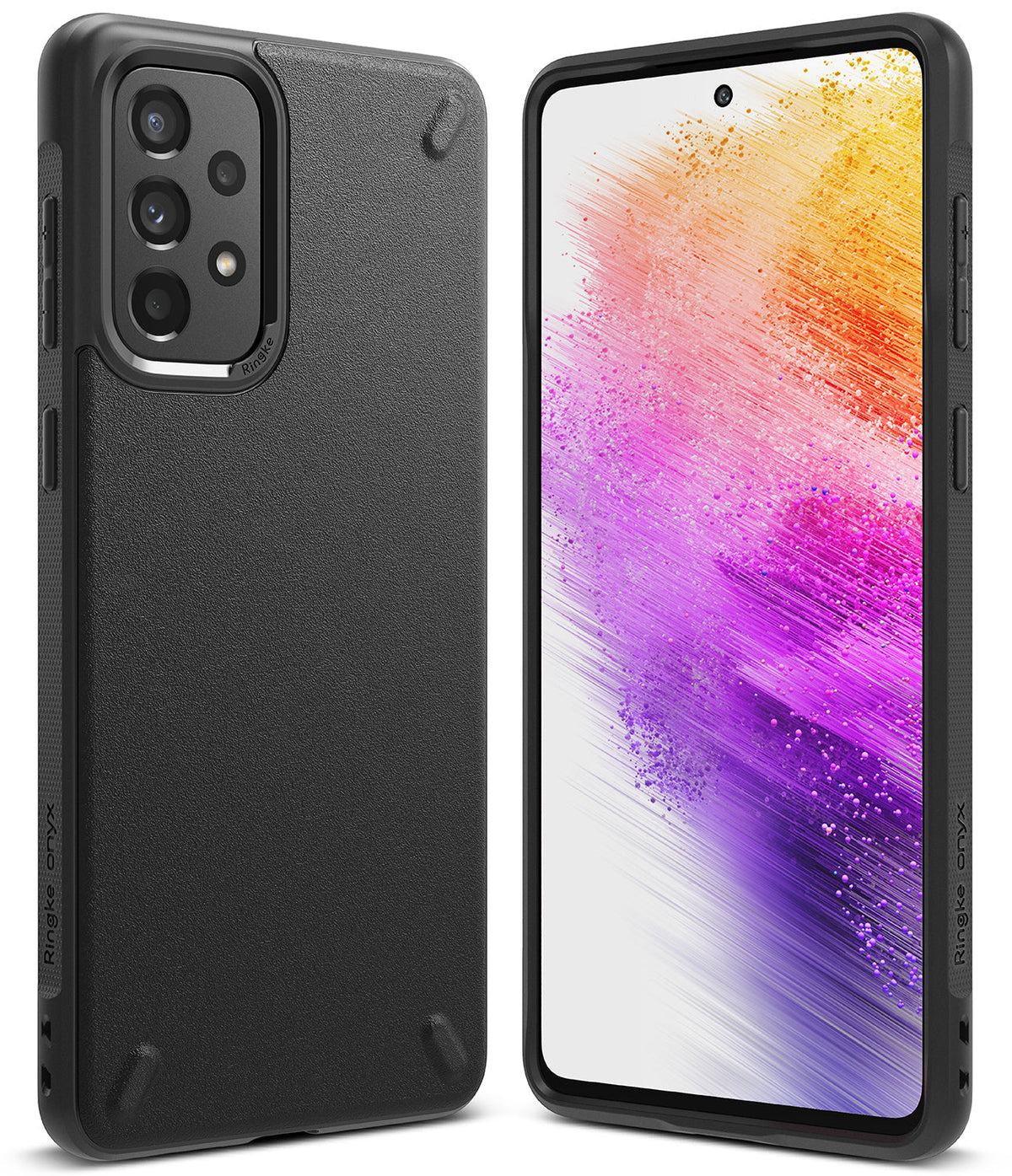 Galaxy A73 5G Case | Onyx - Matte black protective phone case shown from back and front with a colorful abstract screen.