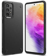 Galaxy A73 5G Case | Onyx - Matte black protective phone case shown from back and front with a colorful abstract screen.