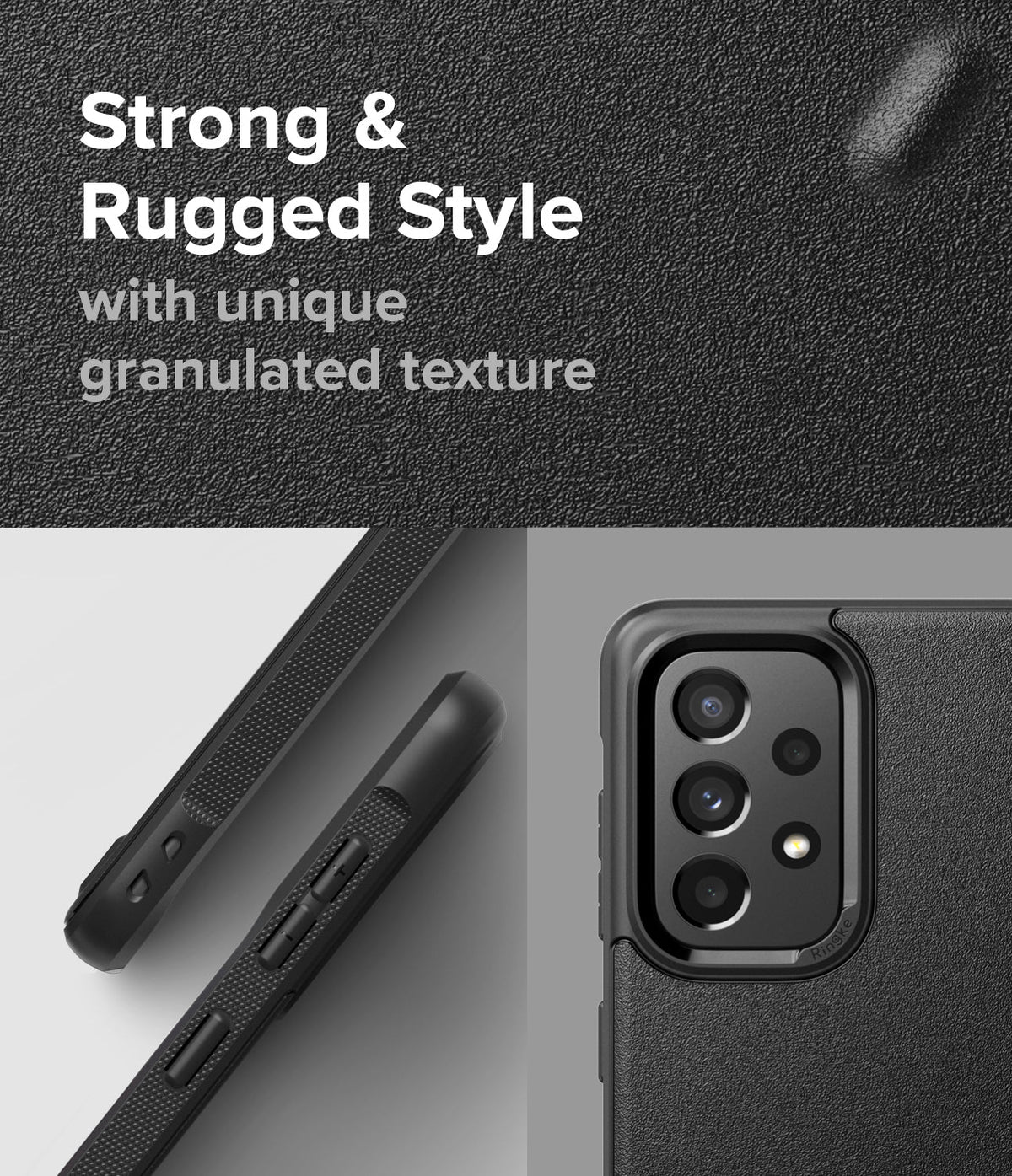 Galaxy A73 5G Case | Onyx - Black phone case with a rugged, granulated texture, side buttons, and camera cutout detail.