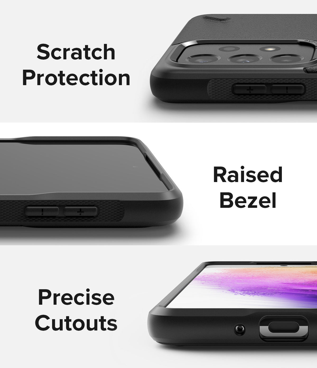 Galaxy A73 5G Case | Onyx - Three views of a black phone case highlighting camera protection, raised screen bezels, and port cutouts.