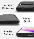 Galaxy A73 5G Case | Onyx - Three views of a black phone case highlighting camera protection, raised screen bezels, and port cutouts.