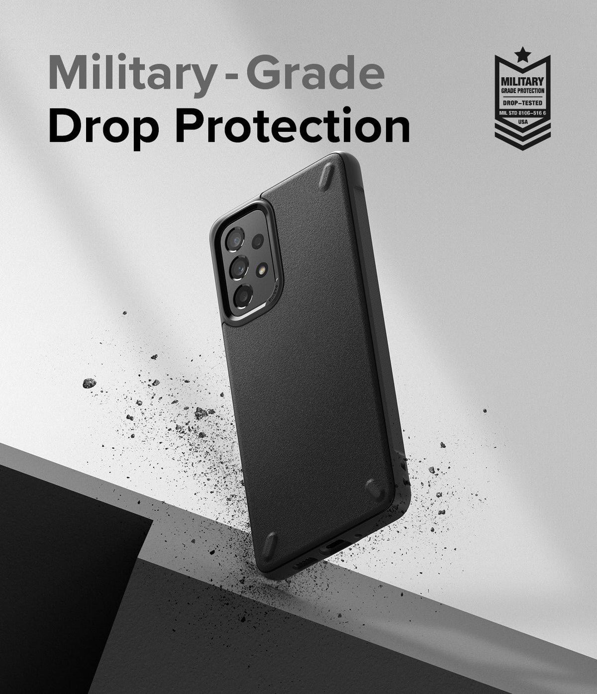 Galaxy A73 5G Case | Onyx - Black phone case with military-grade drop protection badge and debris floating in mid-air.