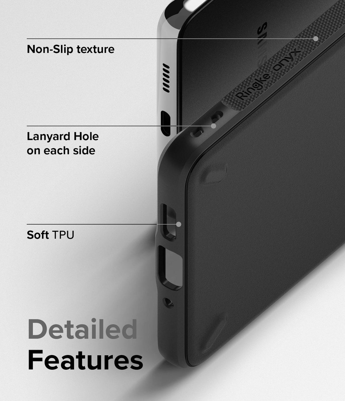 Galaxy A73 5G Case | Onyx - Close-up of black phone case highlighting non-slip texture, lanyard holes, and soft TPU material.