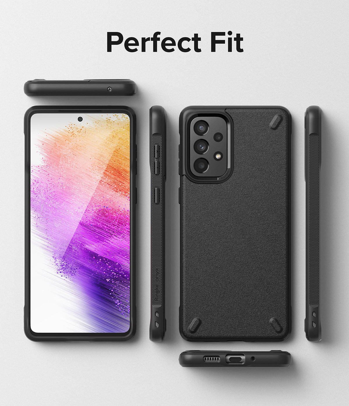Galaxy A73 5G Case | Onyx - Black phone case shown from multiple angles, highlighting precise cutouts and textured finish.