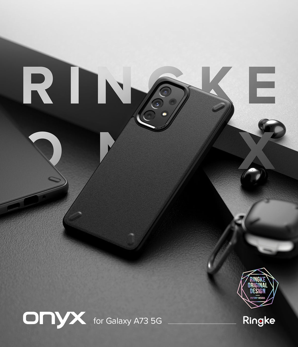 Galaxy A73 5G Case | Onyx - Matte black textured phone case for Galaxy A73 5G on a dark surface with branding and accessories.