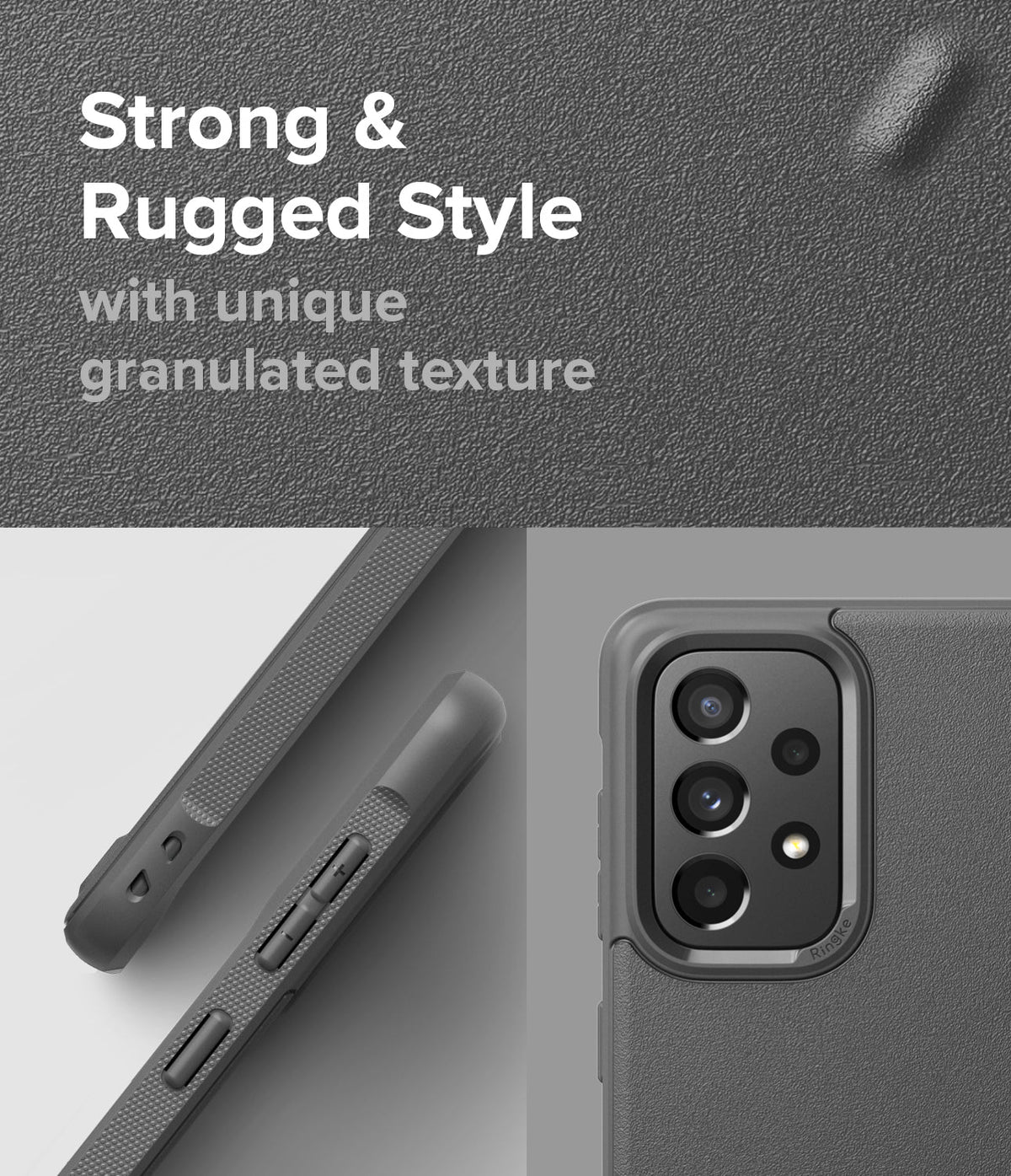 Galaxy A73 5G Case | Onyx - Dark gray phone case with a rugged, granulated texture and detailed camera cutout view.