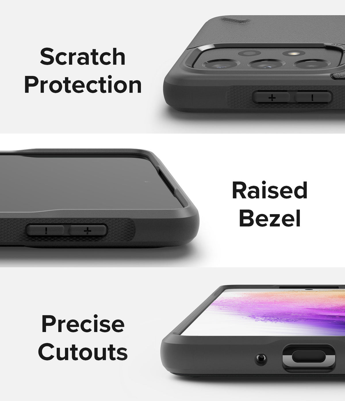 Galaxy A73 5G Case | Onyx - Close-ups showing scratch protection, raised screen bezels, and precise port cutouts.
