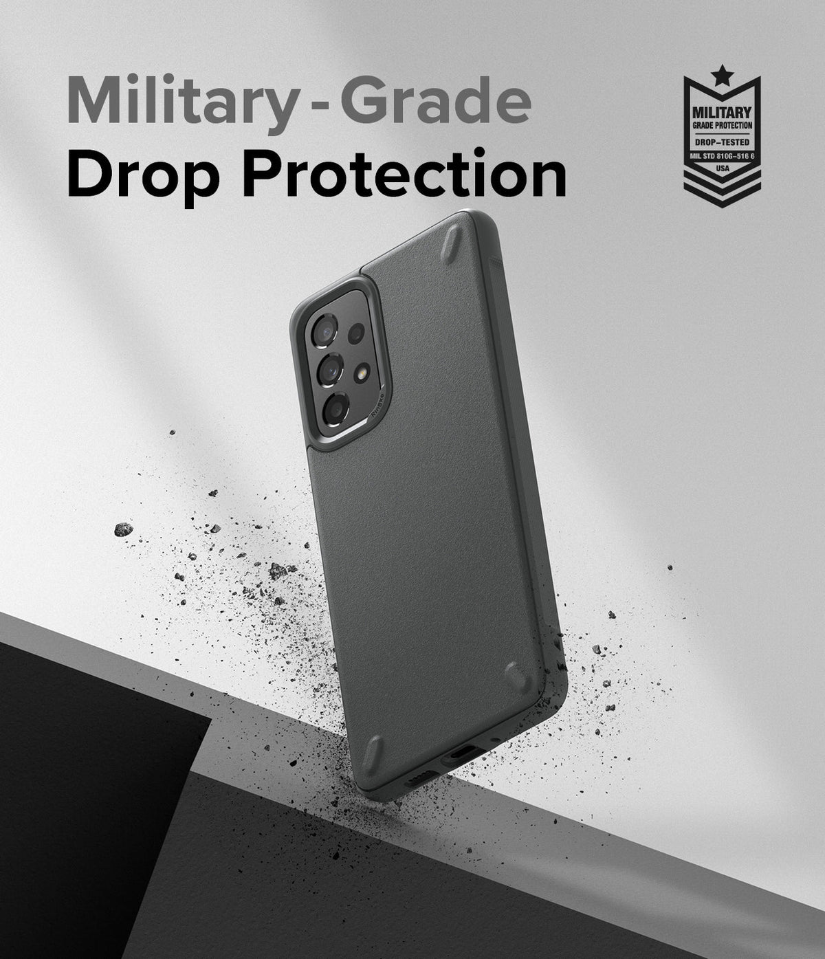 Galaxy A73 5G Case | Onyx - Matte black phone case with military-grade drop protection text and badge on a gray background.