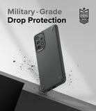 Galaxy A73 5G Case | Onyx - Matte black phone case with military-grade drop protection text and badge on a gray background.