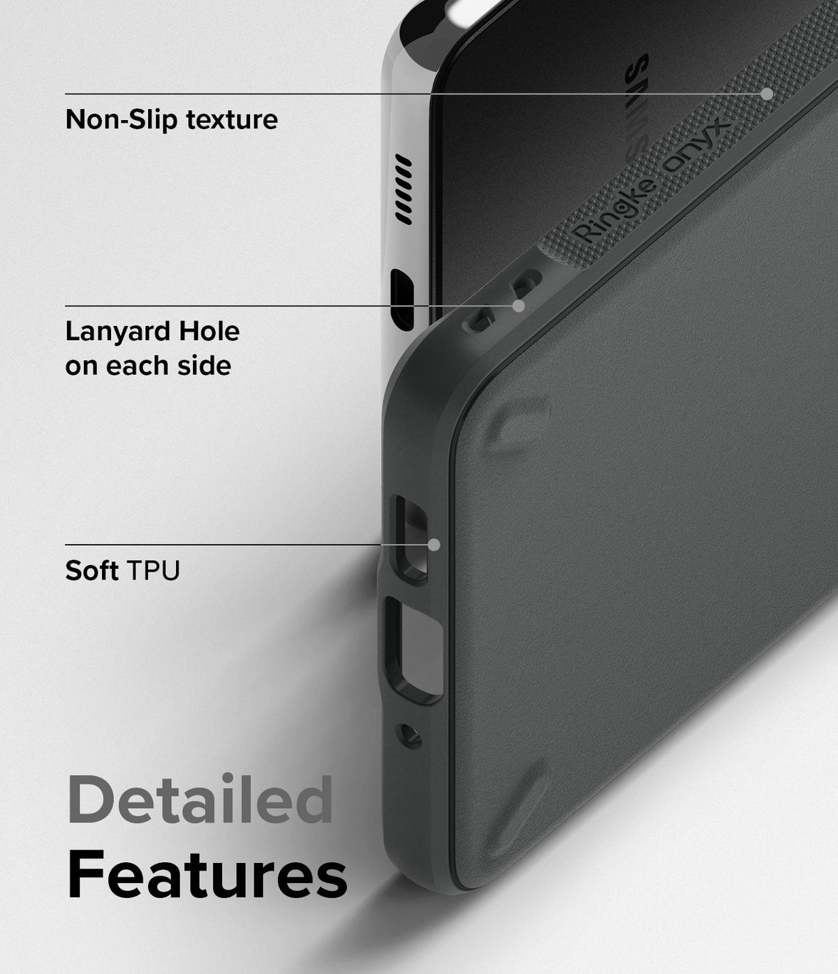 Galaxy A73 5G Case | Onyx - Close-up of black phone case highlighting non-slip texture, lanyard holes, and soft TPU material.
