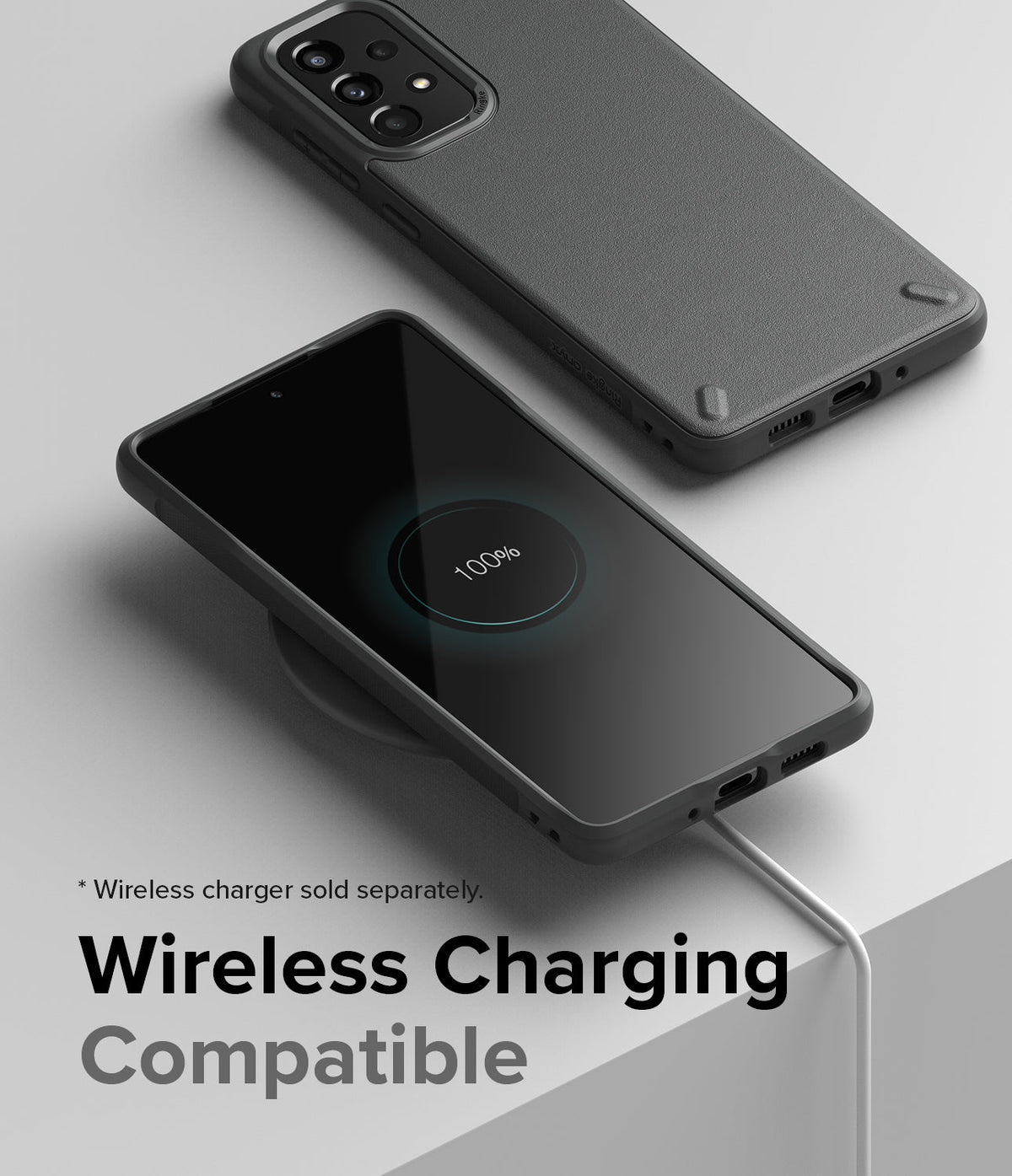 Galaxy A73 5G Case | Onyx - A black phone case on a wireless charger showing a 100% battery charge icon on the screen.