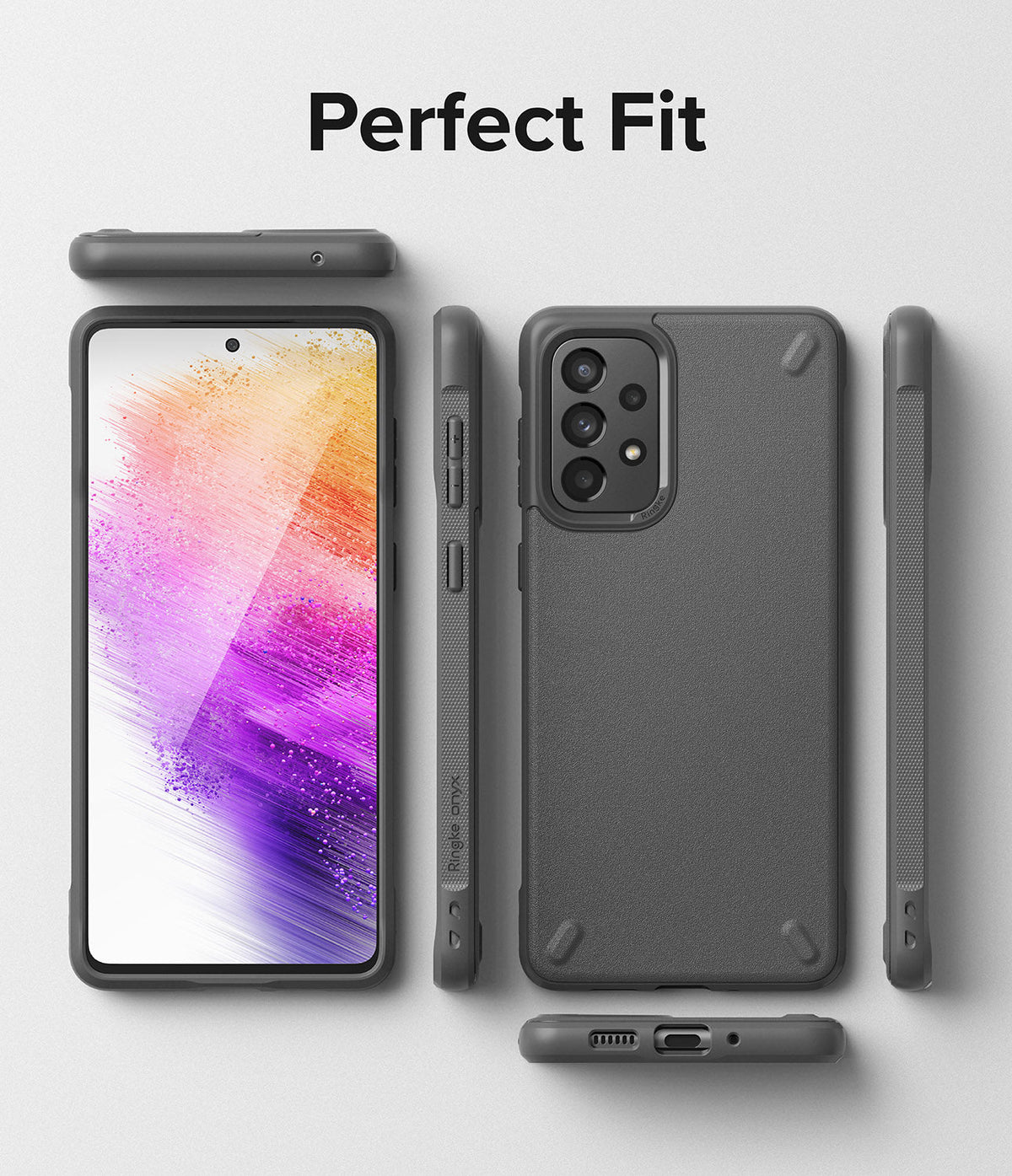 Galaxy A73 5G Case | Onyx - Multiple views of a dark gray phone case showing front, back, and side profiles.