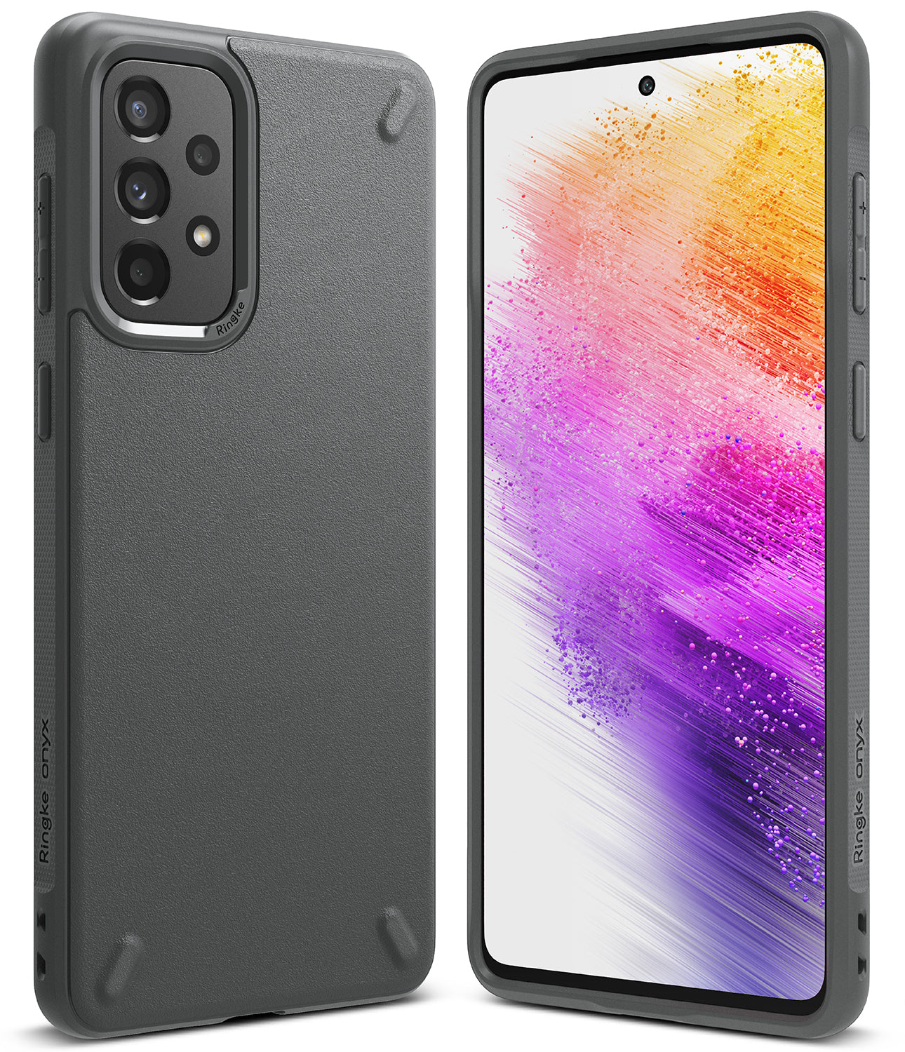 Galaxy A73 5G Case | Onyx - Matte black protective phone case shown from back and front with a colorful abstract screen.