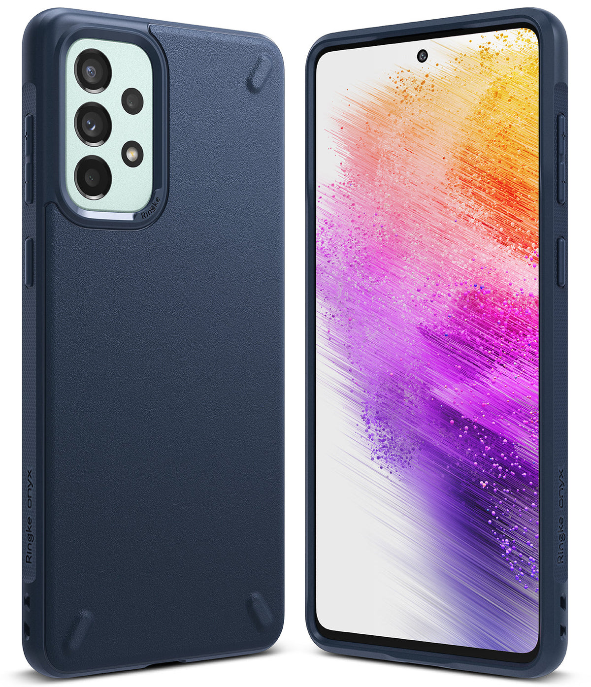 Galaxy A73 5G Case | Onyx - Navy blue textured phone case shown from back and front with a colorful abstract screen.