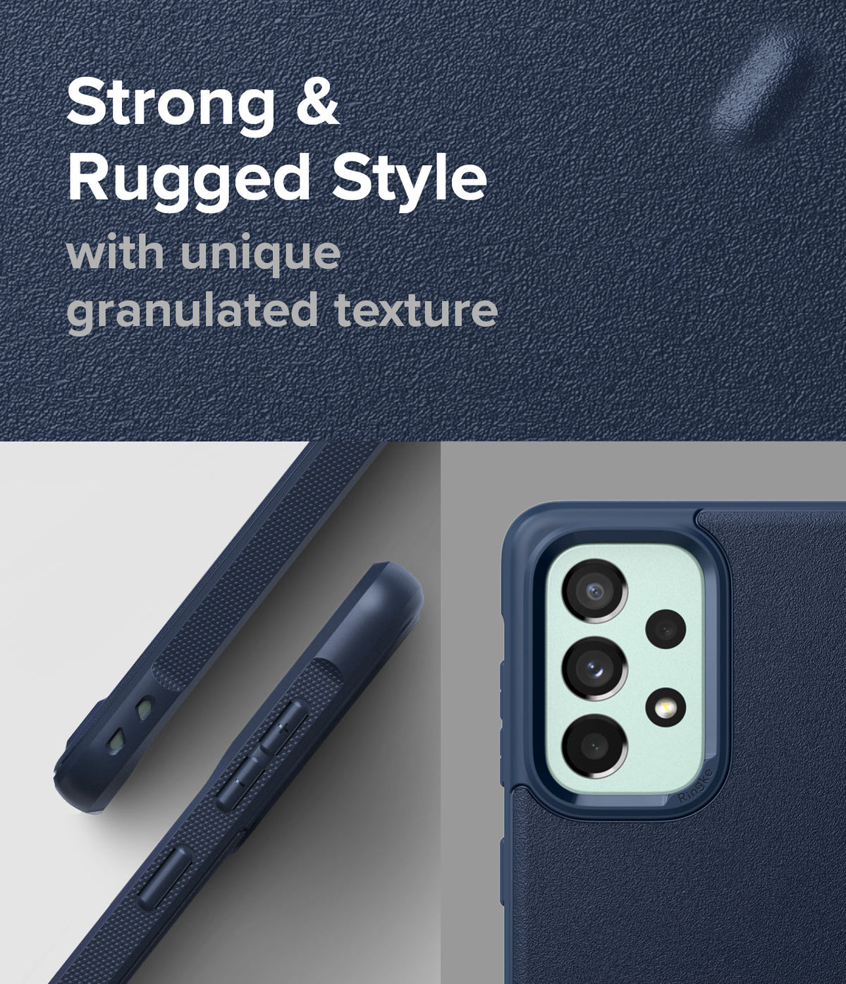 Galaxy A73 5G Case | Onyx - Navy blue phone case with granulated texture, showing side buttons and camera cutout details.