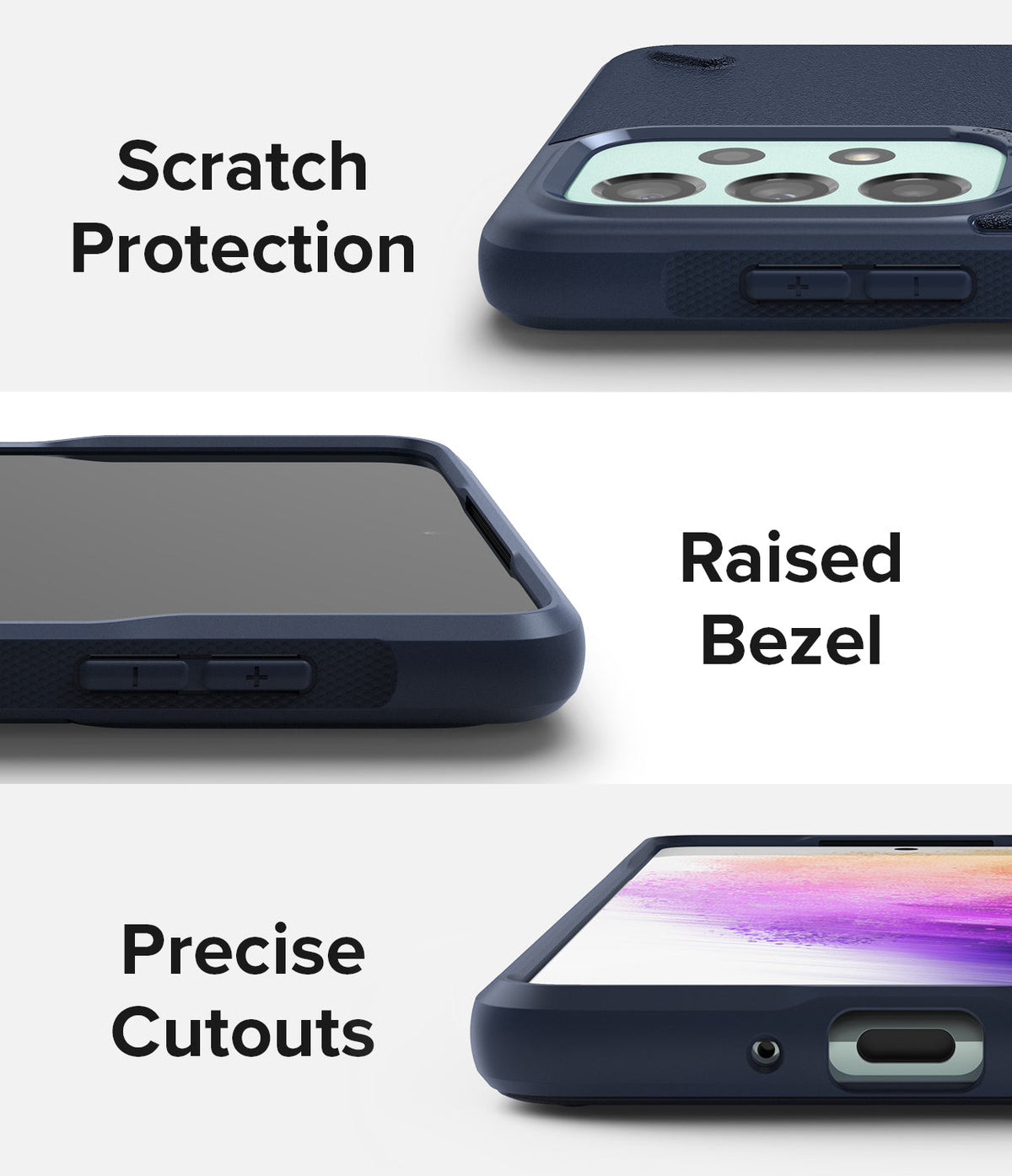 Galaxy A73 5G Case | Onyx - Three views showing scratch protection, raised screen bezels, and precise port cutouts.