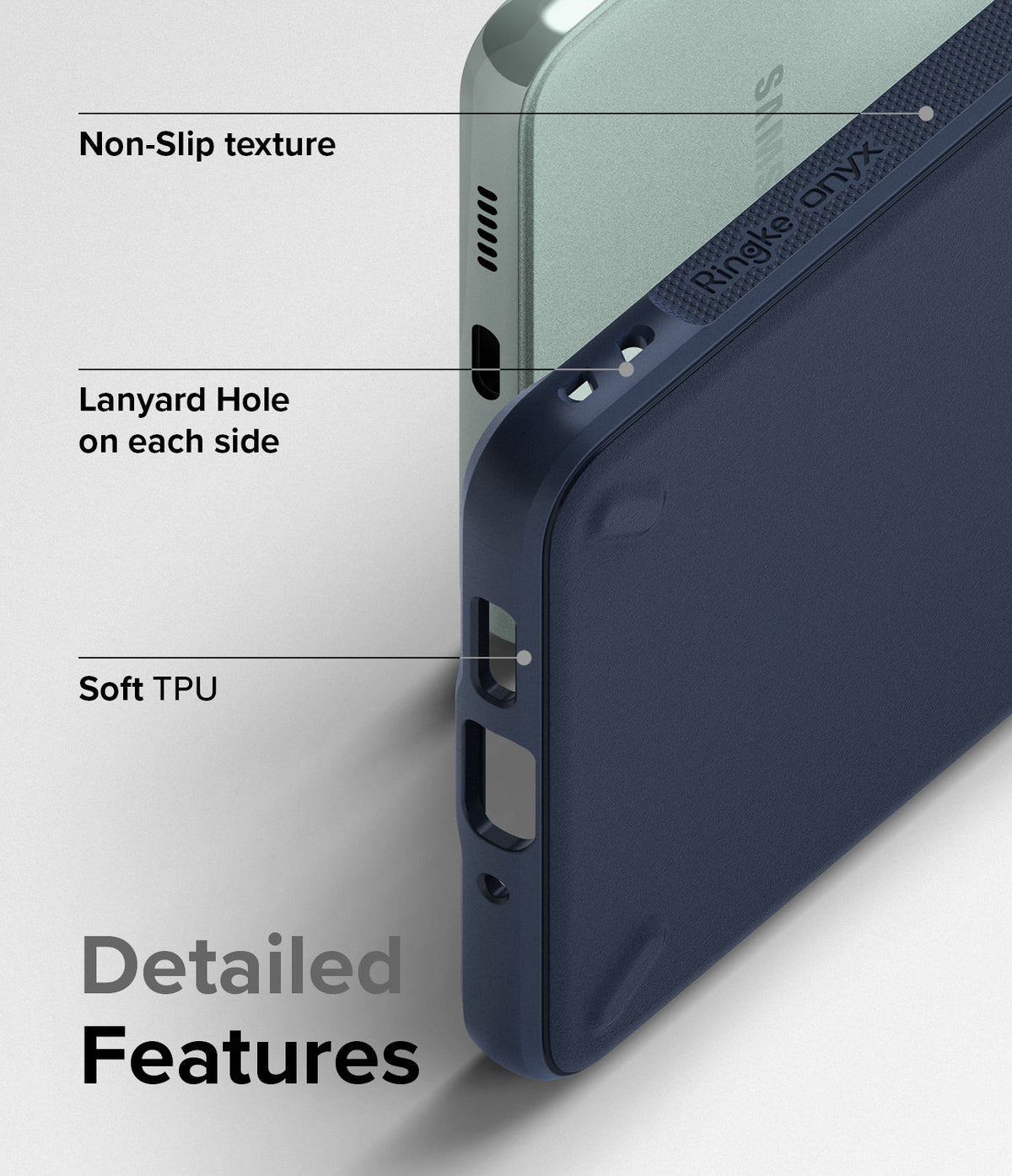 Galaxy A73 5G Case | Onyx - Close-up of navy phone case highlighting non-slip texture, lanyard holes, and soft TPU material.