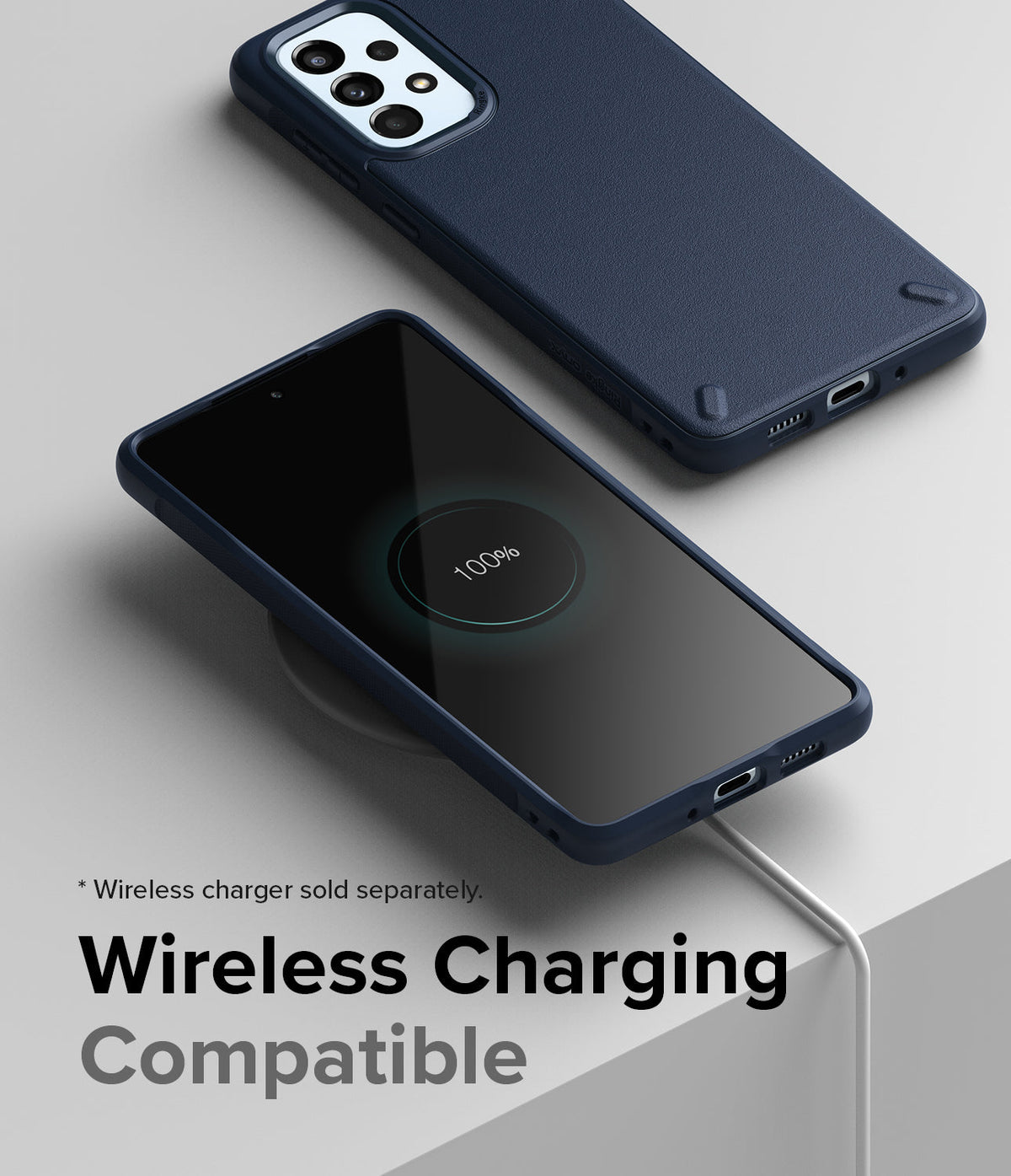 Galaxy A73 5G Case | Onyx - Navy blue phone case on a Galaxy A73 charging wirelessly on a pad showing 100% battery.