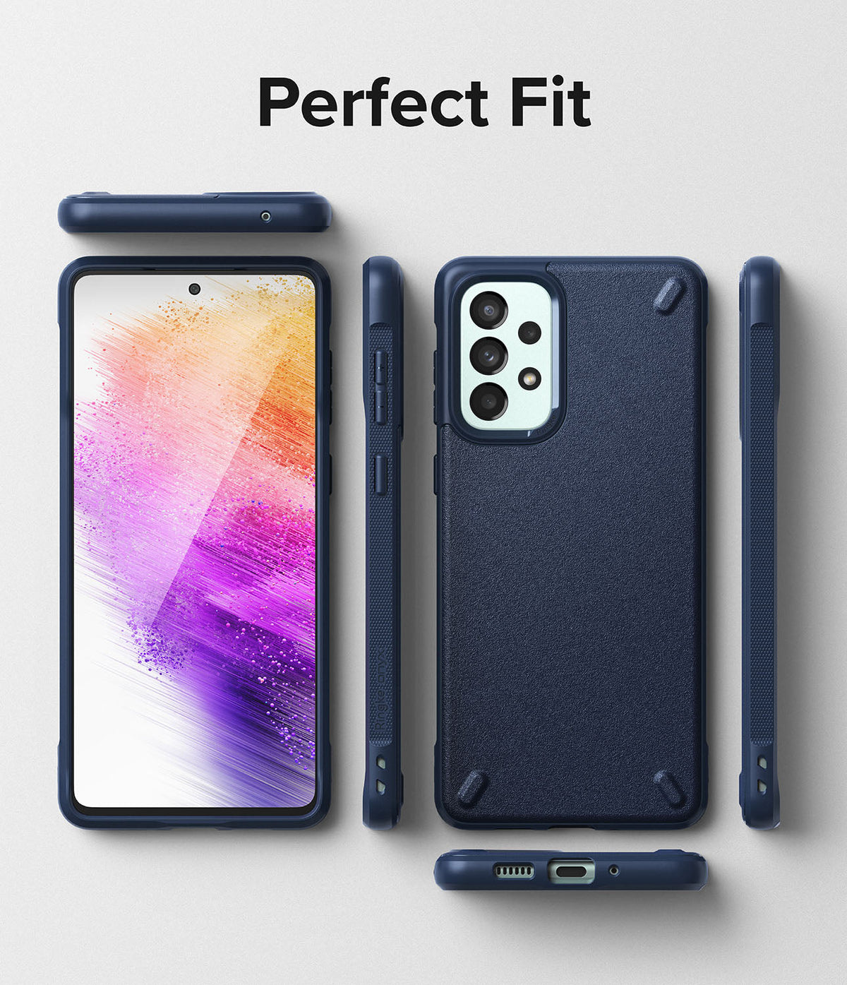 Galaxy A73 5G Case | Onyx - Navy blue phone case shown from multiple angles, highlighting the precise fit and textured back.