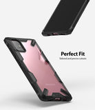 Galaxy A71 Case | Fusion-X - Black rugged phone case with clear back on a pink Samsung Galaxy A71, showing precise cutouts.