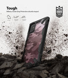 Galaxy A71 Case | Fusion-X - Camo phone case standing in dirt with military-grade drop protection icons and text.