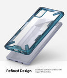 Galaxy A71 Case | Fusion-X - Transparent phone case with a blue rugged bumper frame hovering above a Galaxy A71 smartphone.