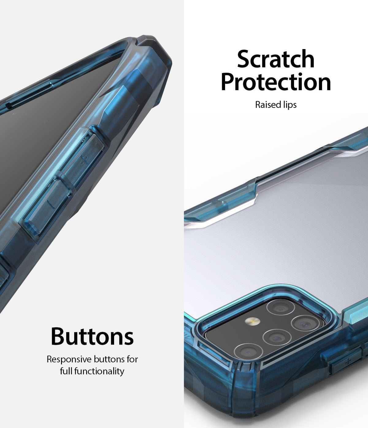 Galaxy A71 Case | Fusion-X - Blue transparent phone case showing responsive side buttons and raised lips for camera protection.