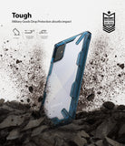 Galaxy A71 Case | Fusion-X - Blue-rimmed clear phone case standing in dirt with military-grade drop protection icons.