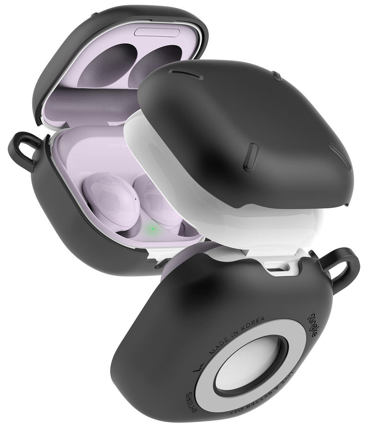 Galaxy Buds FE / 2 Pro / Buds 2 / Galaxy Buds Pro / Live Case | Slim-X - Black protective case on lavender Galaxy Buds.