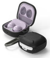Galaxy Buds FE / 2 Pro / Buds 2 / Galaxy Buds Pro / Live Case | Onyx - Lavender earbuds in an open black protective case.