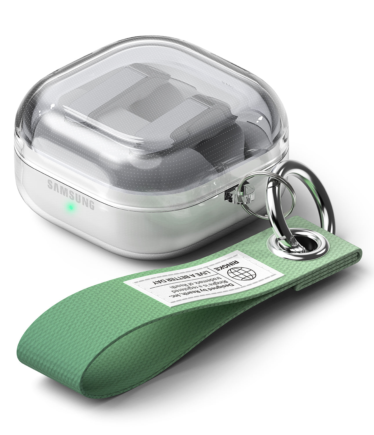 Galaxy Buds 4 Pro / 4 Case | Air - Clear protective case on Samsung earbuds with a sage green fabric wrist strap.