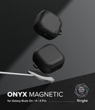 Samsung Galaxy Buds On / 4 Pro / 4 Case | Onyx Magnetic - Two black textured cases floating above a magnetic wireless charger.