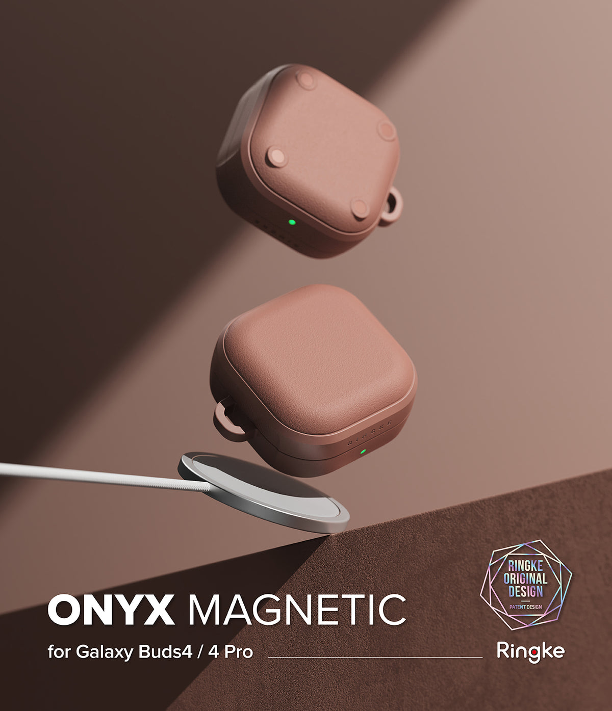 Galaxy Buds 4 Pro / 4 Case | Onyx Magnetic - Two dusty rose earbud cases floating above a magnetic wireless charger.