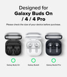 Samsung Galaxy Buds On / 4 Pro / 4 Case | Onyx Magnetic - Open white charging case for Galaxy Buds with text confirming device compatibility.