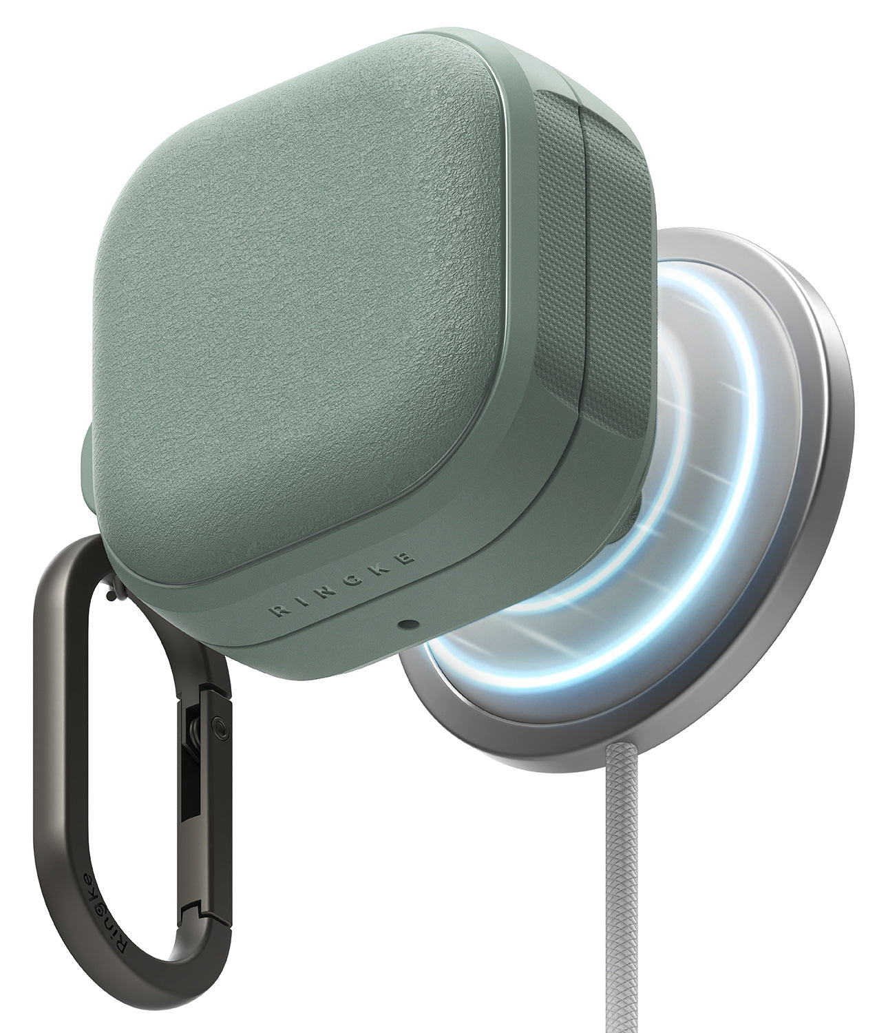 Samsung Galaxy Buds On / 4 Pro / 4 Case | Onyx Magnetic - Sage green textured case attached to a glowing magnetic wireless charger.
