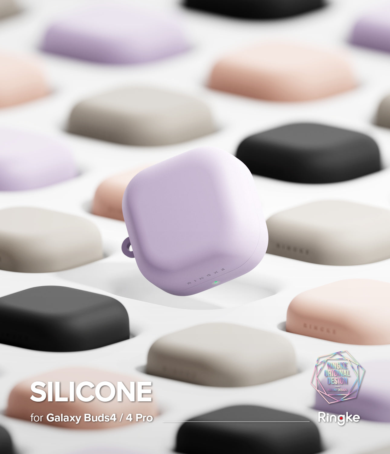 Galaxy Buds 4 Pro / 4 Case | Silicone - A lavender silicone case floats above a grid of colorful earbud cases.