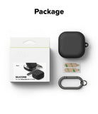 Samsung Galaxy Buds On / 4 Pro / 4 Case | Silicone - Packaging, black silicone case, adhesive strips, and a metal carabiner.