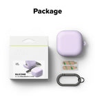 Samsung Galaxy Buds On / 4 Pro / 4 Case | Silicone - Packaging, light purple silicone case, adhesive strips, and a black carabiner.