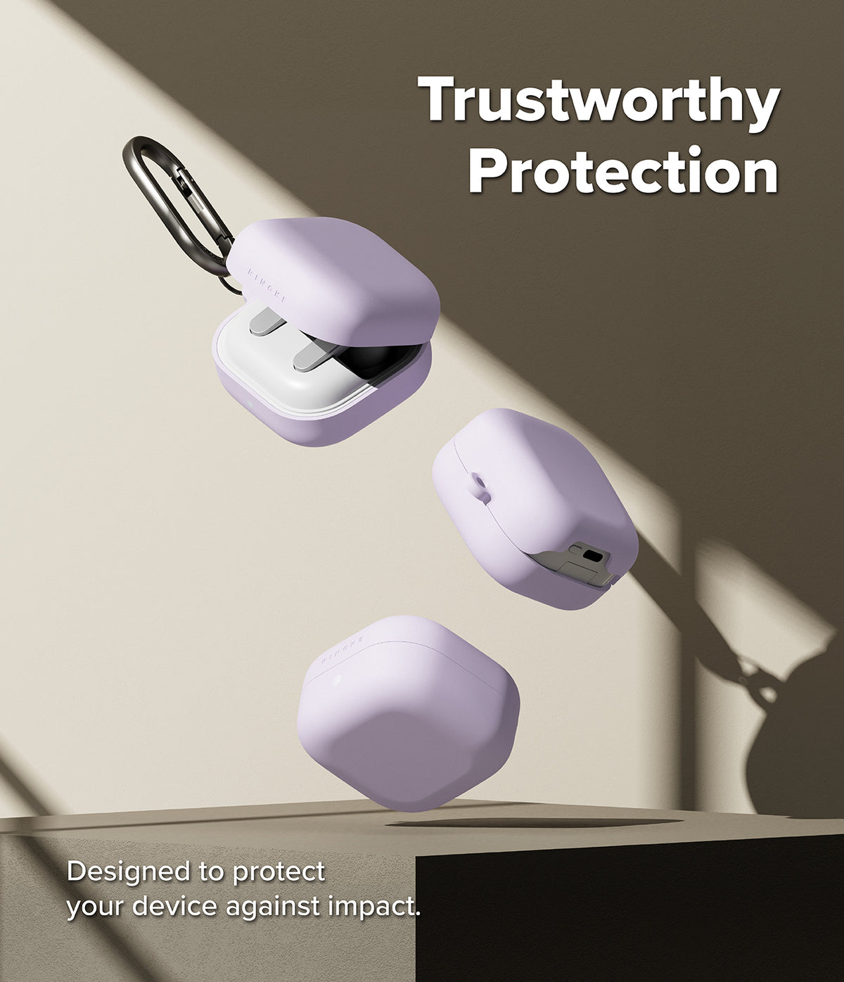 Samsung Galaxy Buds On / 4 Pro / 4 Case | Silicone - Three lavender silicone cases for Galaxy Buds floating against a beige background.
