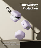 Samsung Galaxy Buds On / 4 Pro / 4 Case | Silicone - Three lavender silicone cases for Galaxy Buds floating against a beige background.
