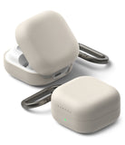 Samsung Galaxy Buds On / 4 Pro / 4 Case | Silicone - Two beige silicone cases for Galaxy Buds, one open and one closed, each with a metal carabiner.