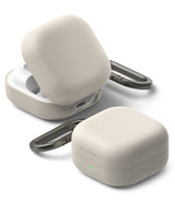 Samsung Galaxy Buds On / 4 Pro / 4 Case | Silicone - Two beige silicone cases for Galaxy Buds, one open and one closed, each with a metal carabiner.
